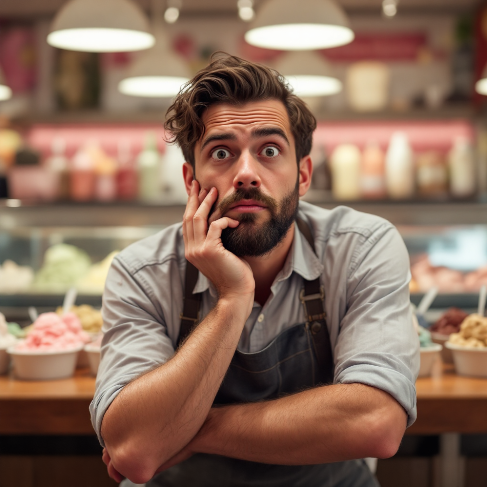 AI-Generated Image of a confused man at an Ice Cream Parlor