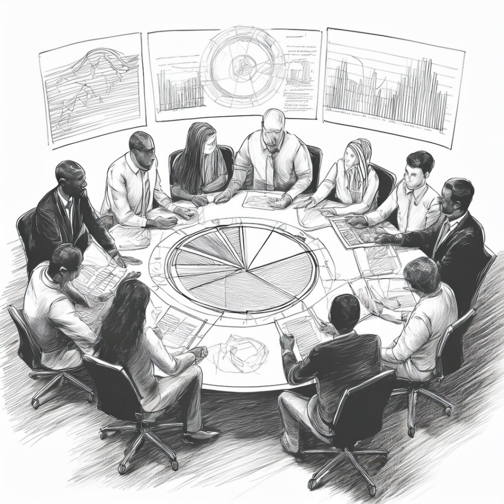 Grayscale drawing of a diverse group of professionals seated around a circular table with a large pie chart in the center. The background features multiple data visualization screens showing graphs and analytics. The team seems to be in a strategic planning or analysis meeting.