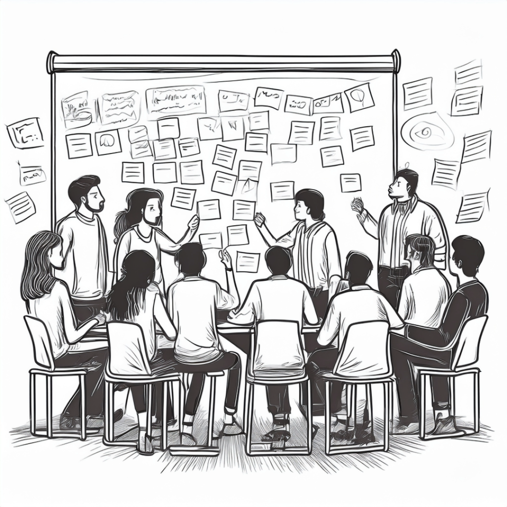 Monochrome illustration of a team meeting around a large table, with a whiteboard in the background displaying complex graphs, charts, and spherical diagrams. Team members are seated and appear to be reviewing documents and discussing data-driven insights.