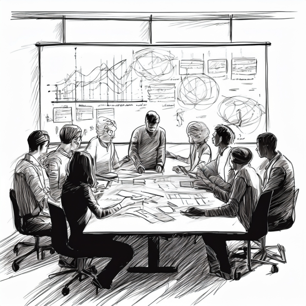 Black and white sketch of a collaborative meeting with multiple people seated around a whiteboard covered in sticky notes. Several team members are standing and discussing ideas, pointing to various notes on the board. The scene depicts a brainstorming or strategy session with engaged participants.