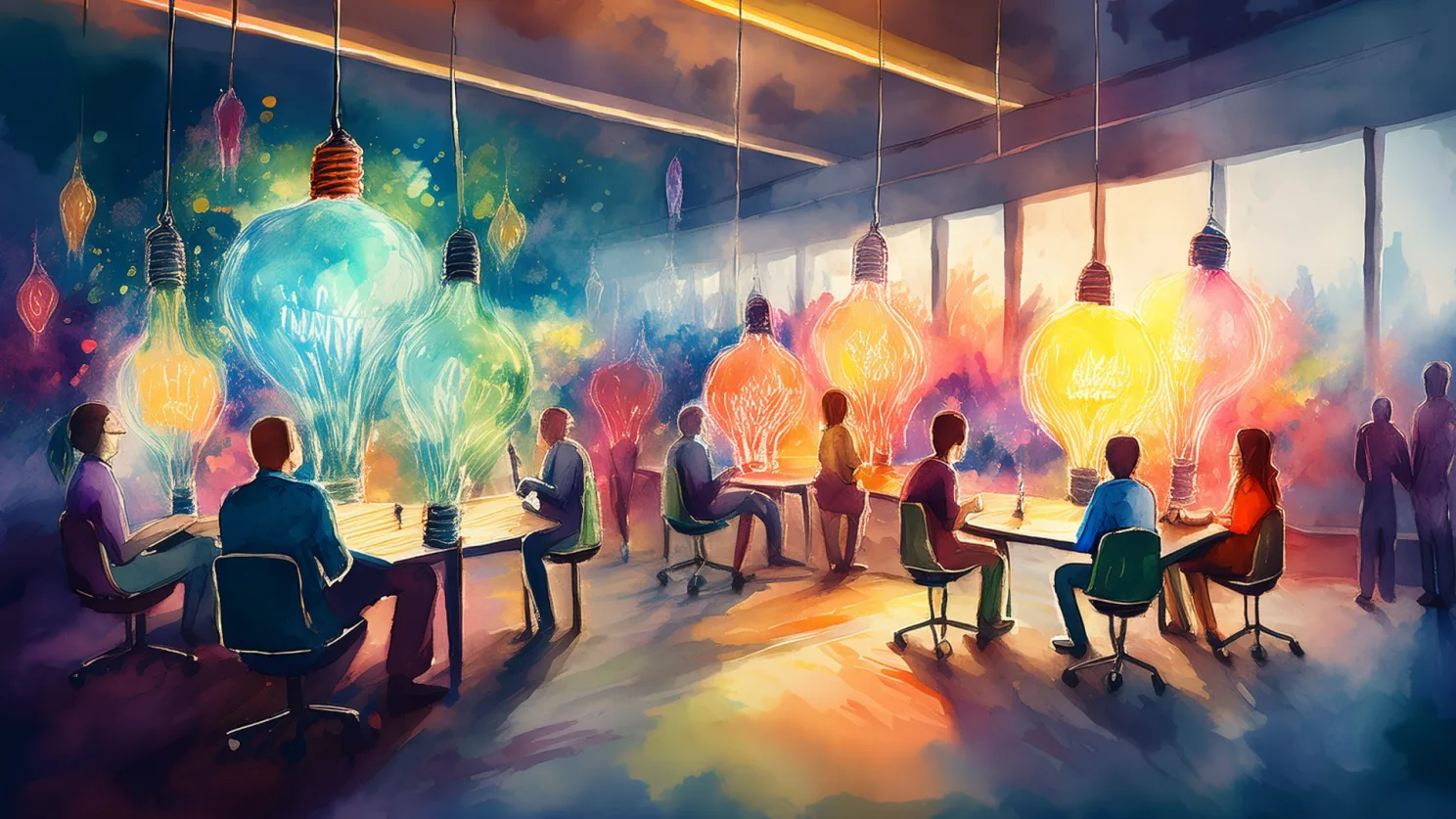 AI Generated Image of people sitting at desks with colourful ideas rising between them.